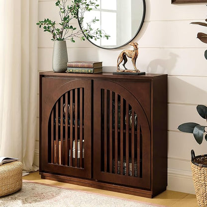 LKTART Sideboard Buffet Cabinet with Storage, Mid Century Modern Credenza with Arch Doors & Shelves, Wood Coffee Bar Media Console Table for Kitchen, Living Room, Entryway-Dark Walnut