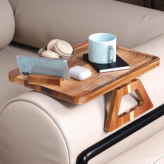 Acacia Wood Couch Arm Tray with 360°Phone Holder,Folding Sofa Armrest Tray,Couch Arm Table Clip-On Couch Desk for Drinks,Snacks,Phone,Remote Control