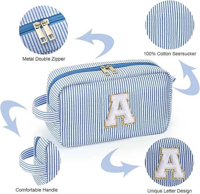 YOOLIFE Birthday Gifts for 6 7 8 9 10 11 12 13 14 15 Year Old Teen Girl - Initial Makeup Bag Letter Toiletry Pouch Cosmetic Case, Personalized Teen Girl Gifts Trendy Stuff Party Favor, Blue E