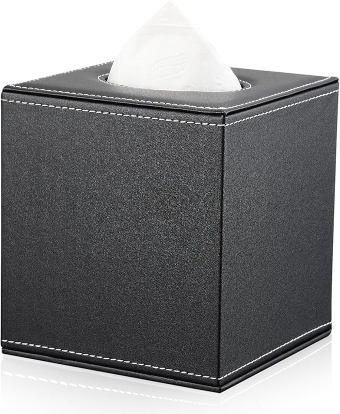 KINGFOM Square Pu Leather Tissue Box Cover, Modern Facial Tissue Holder, Roll Tissues Paper Case Dispenser for Bathroom Vanity Countertop, Night Stands, Office Desk & Car(Black)