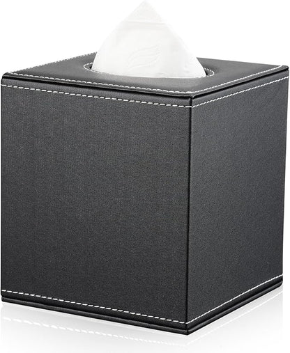 KINGFOM Square Pu Leather Tissue Box Cover, Modern Facial Tissue Holder, Roll Tissues Paper Case Dispenser for Bathroom Vanity Countertop, Night Stands, Office Desk & Car(Black)