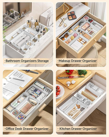 KEMETHY 25 PCS Plastic Drawer Organizers Set, 4 Sizes Vanity Organizer, Makeup and Desk Drawer Organizer Trays, Organization and Storage for Makeup, Bathroom, Kitchen Utensils and Office (White)