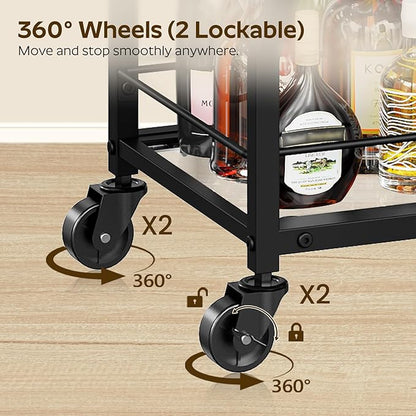 Bar Cart for The Home, Small Bar Cart on Wheels, Beverage Cart, Home Bar Serving Cart with Glass Holder, Drink Cart for Bar, Kitchen, Transparent and Black BC03BK