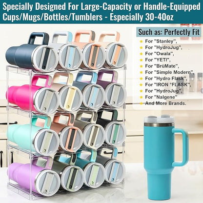 Design for Stanley 40 OZ & Large Bottles & Tumblers with Handle - Acrylic Water Bottle Organizer - Stackable Clear Wine Rack Cup Holder for Home Kitchen Pantry Shelf Countertop Cabinet, 4 Tier Hold 16