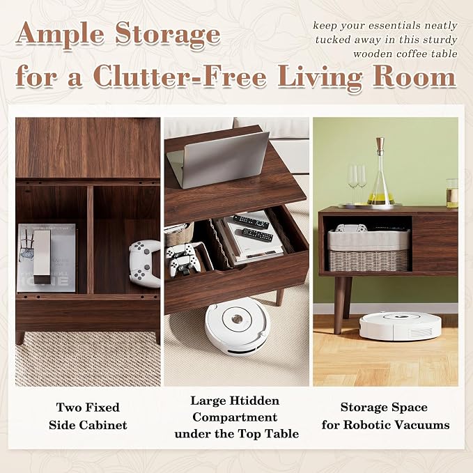 Sweetcrispy Coffee Table Lift Top Coffee Tables for Living Room,Small Rising Wooden Center Tables with Storage Shelf and Hidden Compartment, Dark Brown