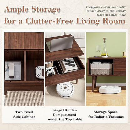 Sweetcrispy Coffee Table Lift Top Coffee Tables for Living Room,Small Rising Wooden Center Tables with Storage Shelf and Hidden Compartment, Dark Brown