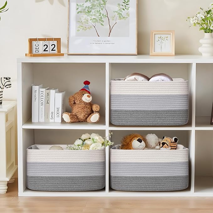 3 Pack Large Storage Basket for Organizing, 17.5"x13.5"x7.5" Woven Basket for Shelves, Closet Cube Storage Bins with Wrapped Handle, Cotton Rope Baskets for Kitchen, Clothes, Toys(Gradient Grey)