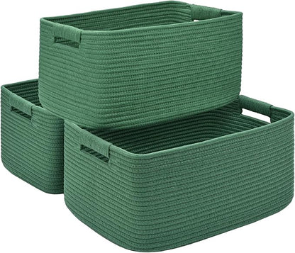 3 Pack Large Storage Basket for Organizing, 17.5"x13.5"x7.5" Woven Basket for Shelves, Closet Cube Storage Bins with Wrapped Handle, Cotton Rope Baskets for Kitchen, Clothes, Toys(Green)