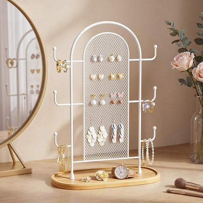 bussdis Jewelry Holder Organizer Earring Display - Earring Storage Tree Stands Towers With 6 Hooks 300 Studs Wood Tray White Metal Rack