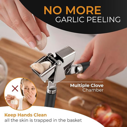 ORBLUE Garlic Press and Peeler Set, Stainless Steel - Professional Grade Mincer, Crusher - Dishwasher Safe & Rust-proof, Black
