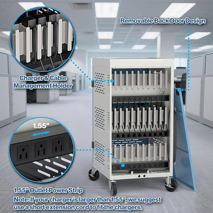 Fully Assembled 30 Unit Multi Device Charging Station for Chromebook, iPad, 14'' Laptop - Pre Built Computer Charging Cart with Charger Cable Management, Circuit Breaker, Grounding Protection (Gray)