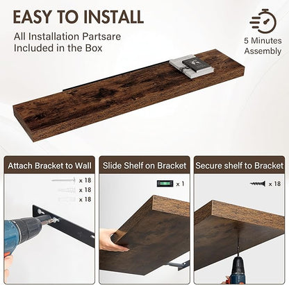 Acovy 55 Inch Floating Shelves, 12" Deep Floating Shelf Wall Mounted, 55" Wall Shelves, Rustic Deep Bookshelf, Extra Deeper & Thicker Display Shelves for Bedroom, Living Room, Brown, Set of 2