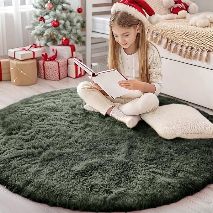 OLANLY Olive Green Round Rugs for Bedroom - Machine Washable, 4 ft Circle Area Rugs for Living Room, Soft and Fluffy Shaggy Carpet for Teen Girl and Boys, Nursery Rooms, Dorms, Home Decor Aesthetic