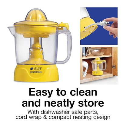 Proctor Silex Alex's Lemonade Stand Electric Citrus Juicer Machine, Large 34 oz. Pitcher, Pressure Activated, for Lemons, Limes and Oranges, 34 oz, Includes 2 Reamers & Recipe Book, Yellow (66341)