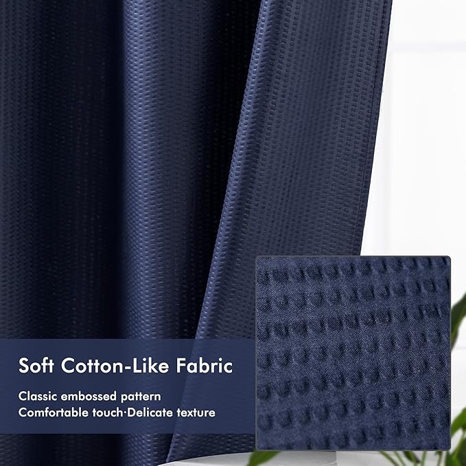 Mrs Awesome No Hook Shower Curtain with Snap-in Liner, Embossed Waffle Design Fabric Shower Curtain for Bathroom, Soft & Lightweight, 71x74, Navy Blue