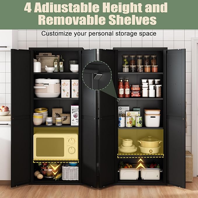 71" Tall Kitchen Pantry Storage Cabinet, Black Metal Storage Cabinets with Doors and Adjustable Shelves,5 Tier Freestanding Kitchen Cupboard for Dining Room Office Bathroom