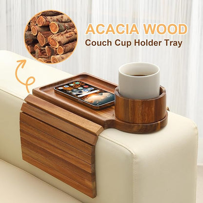 Couch Cup Holder Tray,Acacia Wood Couch Arm Table with Phone Holder, Large Foldable Sofa Arm Tray for Drink Snacks Table