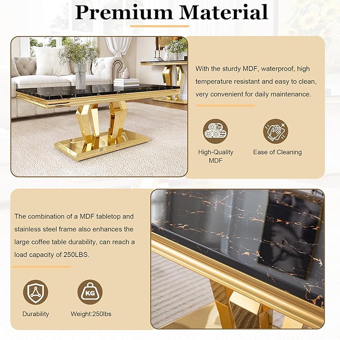 Modern Marble Coffee Table, 47" Living Room Table with Diamond-Shape Stainless Steel Base and Thickened Faux Marble Top for Living Room, Bedroom, Lounge (Gold,Black)
