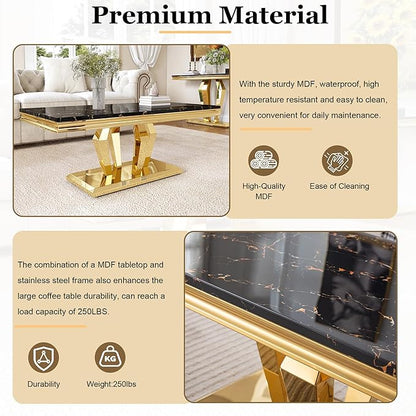 Modern Marble Coffee Table, 47" Living Room Table with Diamond-Shape Stainless Steel Base and Thickened Faux Marble Top for Living Room, Bedroom, Lounge (Gold,Black)