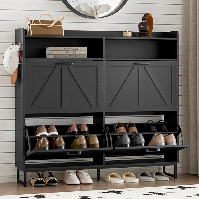 Shoe Cabinet with 4 Flip Drawers Narrow Shoe Storage Cabinet Organizer Wooden Freestanding Shoe Rack Hidden Slim Shoes Storage Cabinet for Entryway, Hallway, Living Room, Bedroom