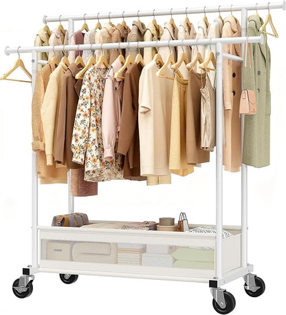 Clothes Rack, Clothing Racks for hanging clothes, Rolling clothes rack with Storage Basket & Heavy Duty Wheels, Double rods clothing rack for Bedroom, Laundry Room, White
