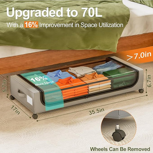 GoMaihe Under Bed Storage with Wheels: 70L Underbed Storage Containers with Lids - Rolling Bins for Shoes Clothes in Dorm Bedroom - Metal Drawers Easy Pull-out Grey 2-Pack