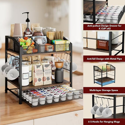 Homsorout Coffee Bar Organizer - Countertop Coffee Station, 42 K Cup holder Storage Basket with Drawer and Hooks for Syrup, Cups, Stirrer, Condiment, Tea Organizer, Black and Brown