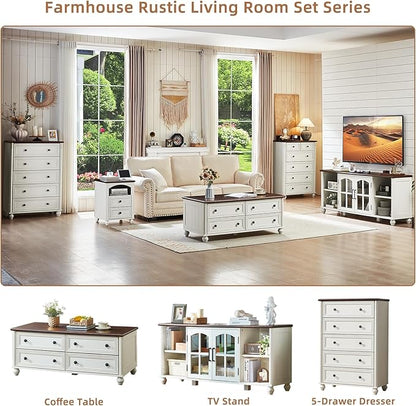 48" Farmhouse Coffee Table with Hidden Storage,Wooden Coffee Tables with 4 Drawers & Roman Column Handle,Rectangular Rustic Center Table with Solid Wood Curved Base for Living Room,Office,White