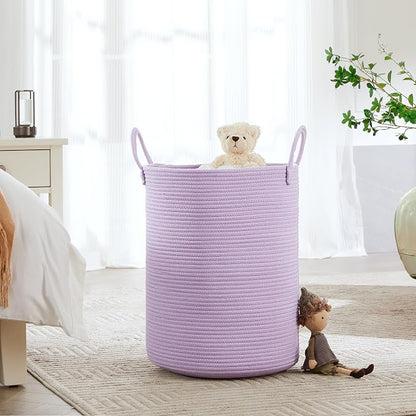 60L Large Purple Laundry Hamper Basket for Nursery Kids Tall Lavender Blanket Basket for Girls Cotton Rope Lilac Clothes Hamper in Bedroom 15Dx20H inches