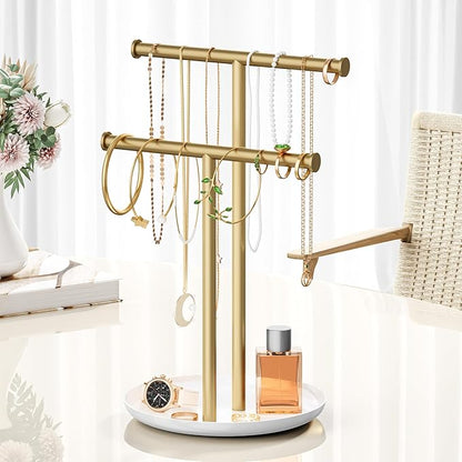 Gold Necklace Rack Stand with Storage Tray - 2 Rods T-Shaped Jewelry Holder Stand for Bracelets, Earrings, Rings | Elegant Vanity & Dresser Top Storage for Women.