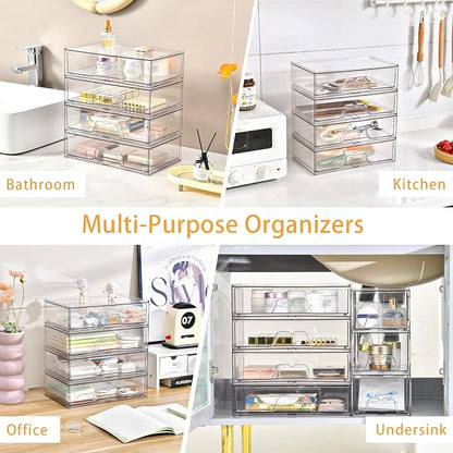 5 Pack Makeup Organizer Stackable, 12.1''L Bathroom Organizer and Storage Acrylic Undersink Drawer Organizer, Cosmetics and Beauty Supplies,Clear Plastic Storage Bins for Vanity,Pantry,Cabinet,Kitchen