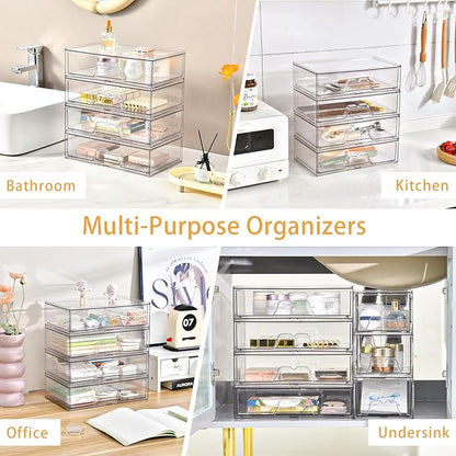 2 Pack Stackable Makeup Organizer, 12.1''L Acrylic Bathroom Organizer and Storage Undersink Drawer, Cosmetics and Beauty Supplies,Clear Plastic Storage Bins for Desk,Cabinet,Kitchen,Vanity,Pantry