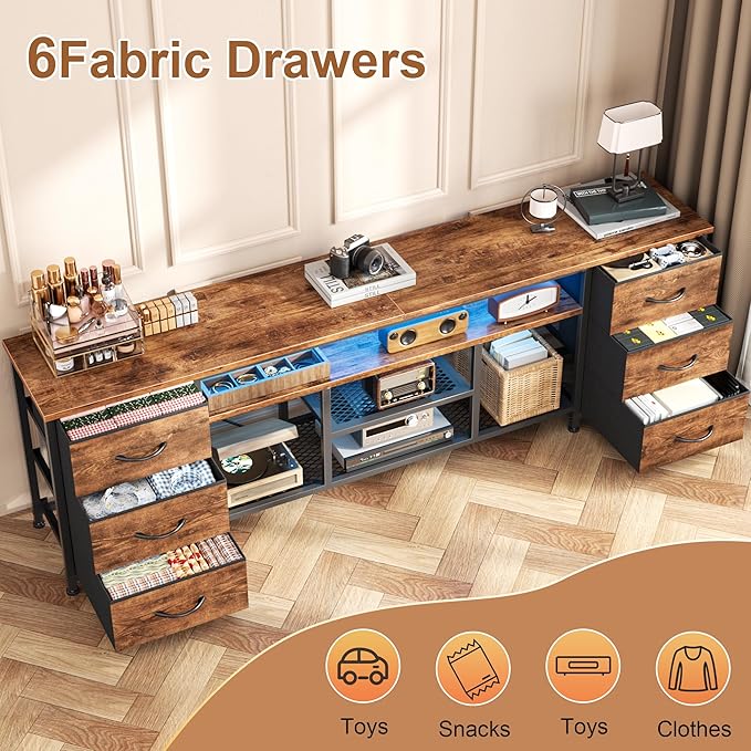 Furologee LED TV Stand for 65, 70 Inch TV, 63 Inch Entertainment Center with Power Outlets, 6 Fabric Drawers Dresser for Bedroom, Media Console with Open Shelves, Rustic Brown