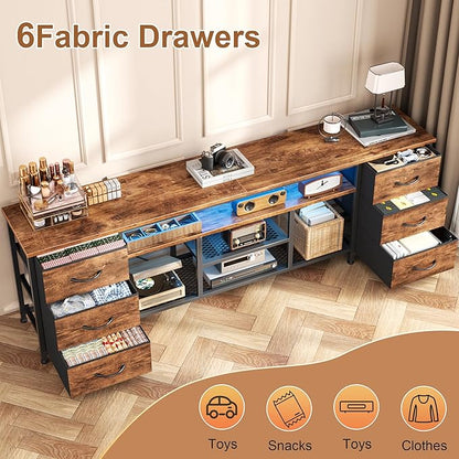 Furologee LED TV Stand for 65, 70 Inch TV, 63 Inch Entertainment Center with Power Outlets, 6 Fabric Drawers Dresser for Bedroom, Media Console with Open Shelves, Rustic Brown