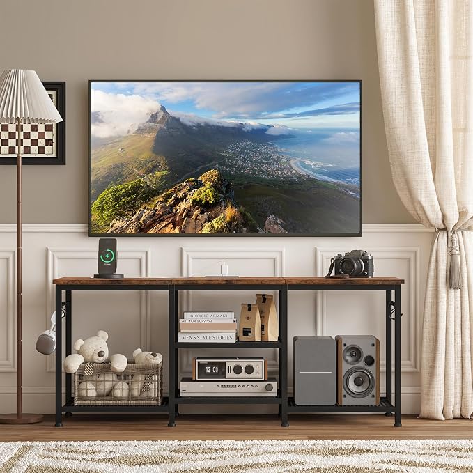YGEOMER Entertainment Center for TVs Up to 50 Inch, TV Stand with Power Outlet and Open Storage Shelves, TV Media Console Table for Living Room and Bedroom, Rustic Brown