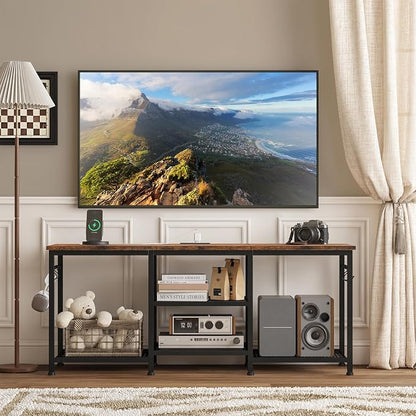 YGEOMER Entertainment Center for TVs Up to 50 Inch, TV Stand with Power Outlet and Open Storage Shelves, TV Media Console Table for Living Room and Bedroom, Rustic Brown