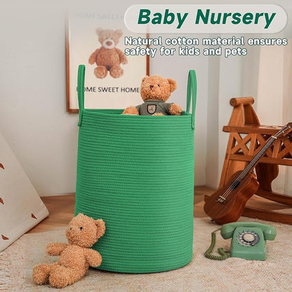 JMvicyroam Large Woven Laundry Basket Hamper,60L Cotton Rope Storage Bin for Blankets,Toys and Clothes,Decorative Tall Nursery Hamper for Living Room,Baby Nursery,Bathroom and Bedroom,Dark Green