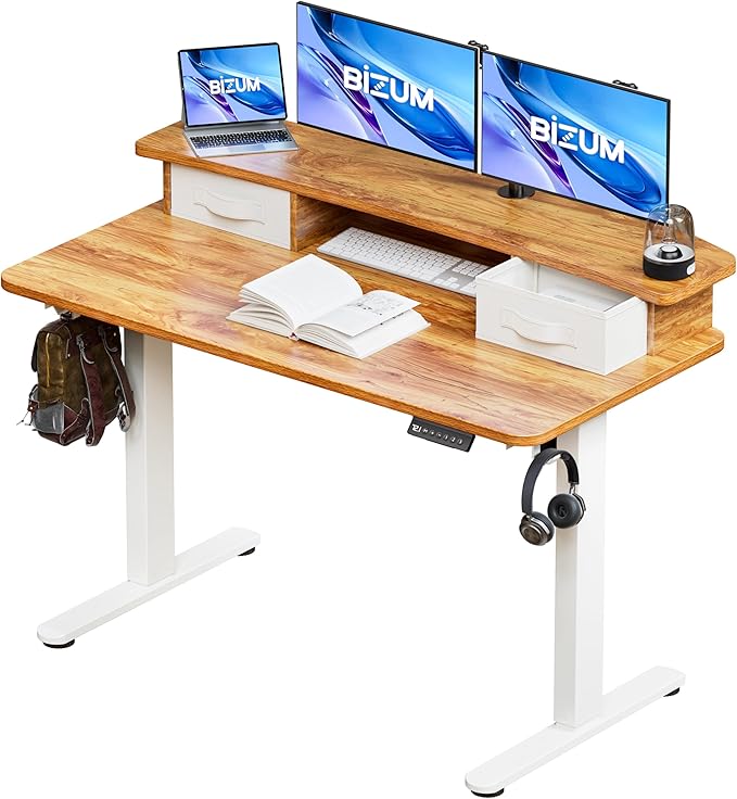 BIZUM Standing Desk with 2 Drawers Computer Desk-Stand up Desk Home Office Gaming Memory Desks C-Clamp Mount Compatible, 48x24 Inch Light Rustic Brown