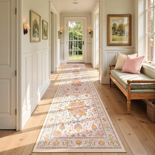 RELEANY Area Rugs Runner 2'6"x14' Washable Non-Slip, Floral Vintage Distress Medallion Carpet for Kitchen Hallway Bedroom Beside Laundry Room Bathroom, Light Pink Colorful