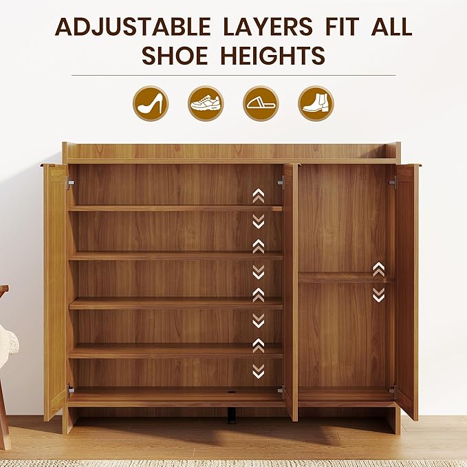 Shoe Cabinet, 41" Tall Rattan Shoe Storage Organizer Cabinet, Adjustable Shelves, 6-Tier Farmhouse Boho Wooden Storage Cabinet for Entryway Hallway Closet Bedroom,Oak
