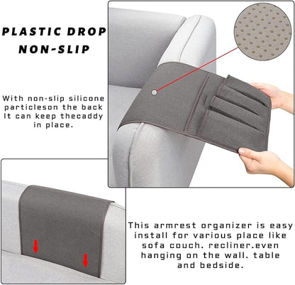 NB Remote Control Holder，Bedside & Armchair & Couch Caddy with Non-Slip Base，5 Pockets Oxford Fabric Bed Desk Storage Pocket for Phone Tablet Kindle Magazines，Gifts for Seniors (Dark Grey, 35"X12.4")