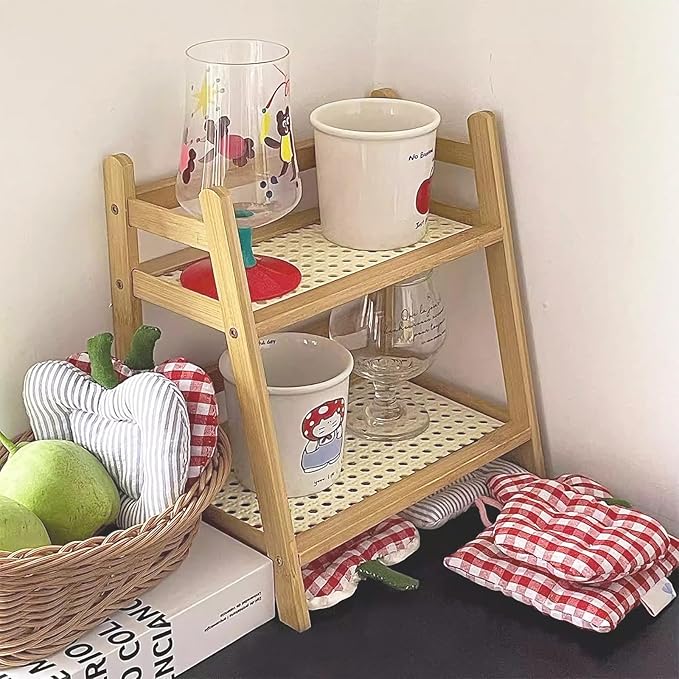Narrow Mug Holder Countertop, Tea and Coffee Bar Station Organizer, Bamboo Matcha Stand, Cup Display Shelf, Condiment Storage Rack for Kitchen Counter Cabinet, 2 Tier