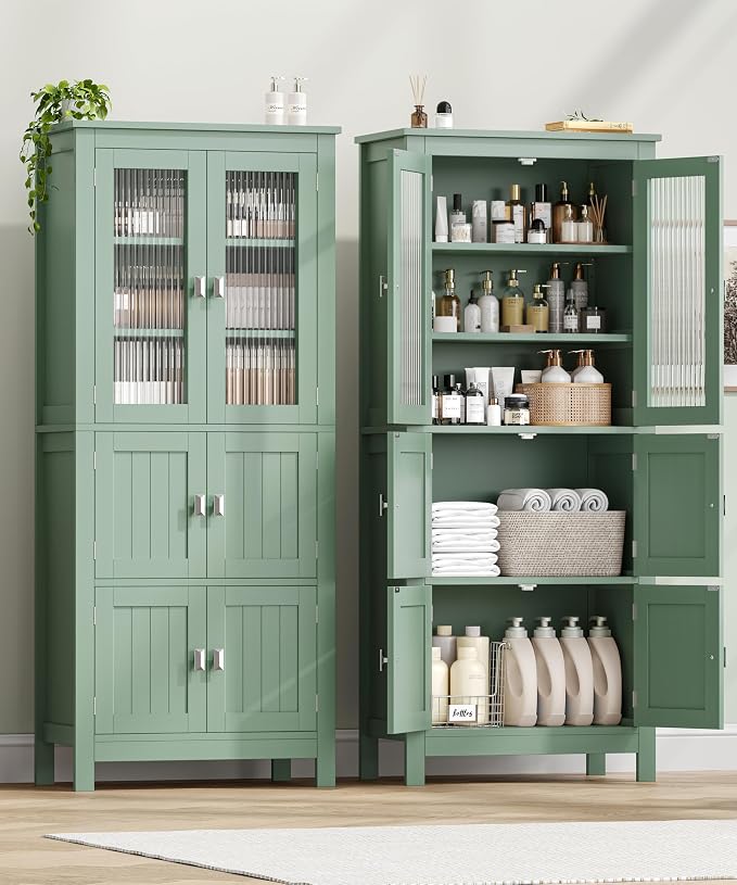 Akxomel 53.1" H Tall Bathroom Storage Cabinet, Bathroom Floor Cabinet with 6 Doors and Adjustable Shlef, Linen Cabinet, Pantry Cabinet for Living Room, Kitchen, Entryway, Green