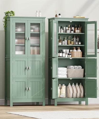 Akxomel 53.1" H Tall Bathroom Storage Cabinet, Bathroom Floor Cabinet with 6 Doors and Adjustable Shlef, Linen Cabinet, Pantry Cabinet for Living Room, Kitchen, Entryway, Green