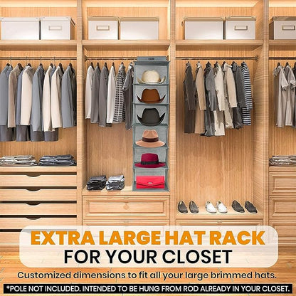 Boxy Concepts 6-Shelf Cowboy Hat Organizer Rack - 13in Wide X-Large Grey - Hat Rack for Wall Mount Hook & Loop - Soft Fabric Preserve Shape - Baseball Cap Organizer