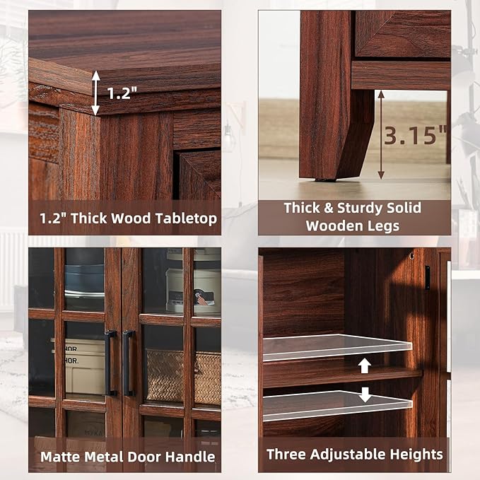 Large Sideboard Buffet Cabinet with Storage, 32" Farmhouse Kitchen Coffee Wine Bar Cabinet with 2 Glass Doors, Wood Mid Century Modern Side Board Table for Dining Room, Living Room, Brown