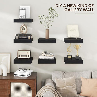 Square Floating Shelves for Wall, 12" W x 12" D x 2" H, 2 Pack of Small Wall Mounted Engineered Wood Shelves with Invisible Brackets for Living Room, Bedroom, Bathroom, Kitchen Decor, Black