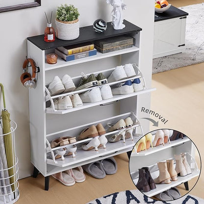 Shoe Storage Cabinet with 2 Flip Drawers, Farmhouse Shoes Organizer for Entryway, Narrow Hidden Shoe Rack with Wooden Legs & Open Storage, Free Standing Shoe Closet for Foyer, Hallway, White