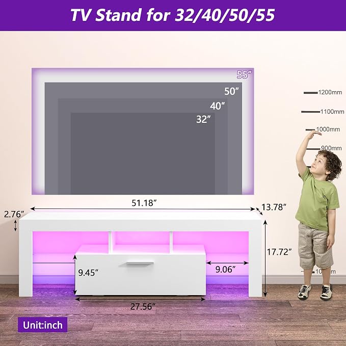 Clikuutory Modern Lighting 51 inch TV Stand with Large Storage Drawer for 32 40 50 55 Inch TVs, TV Console with 20 Color LED Lights, Entertainment Center Media and Open Shelf for Bedroom, White