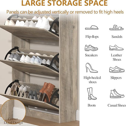 Shoe Cabinet with 3 Flip Drawers, 47" Slim Hidden Wood Shoe Storage Cabinet with Adjustable Shelf, Freestanding Narrow Shoe Rack Organizer for Entryway, Hallway, Grey